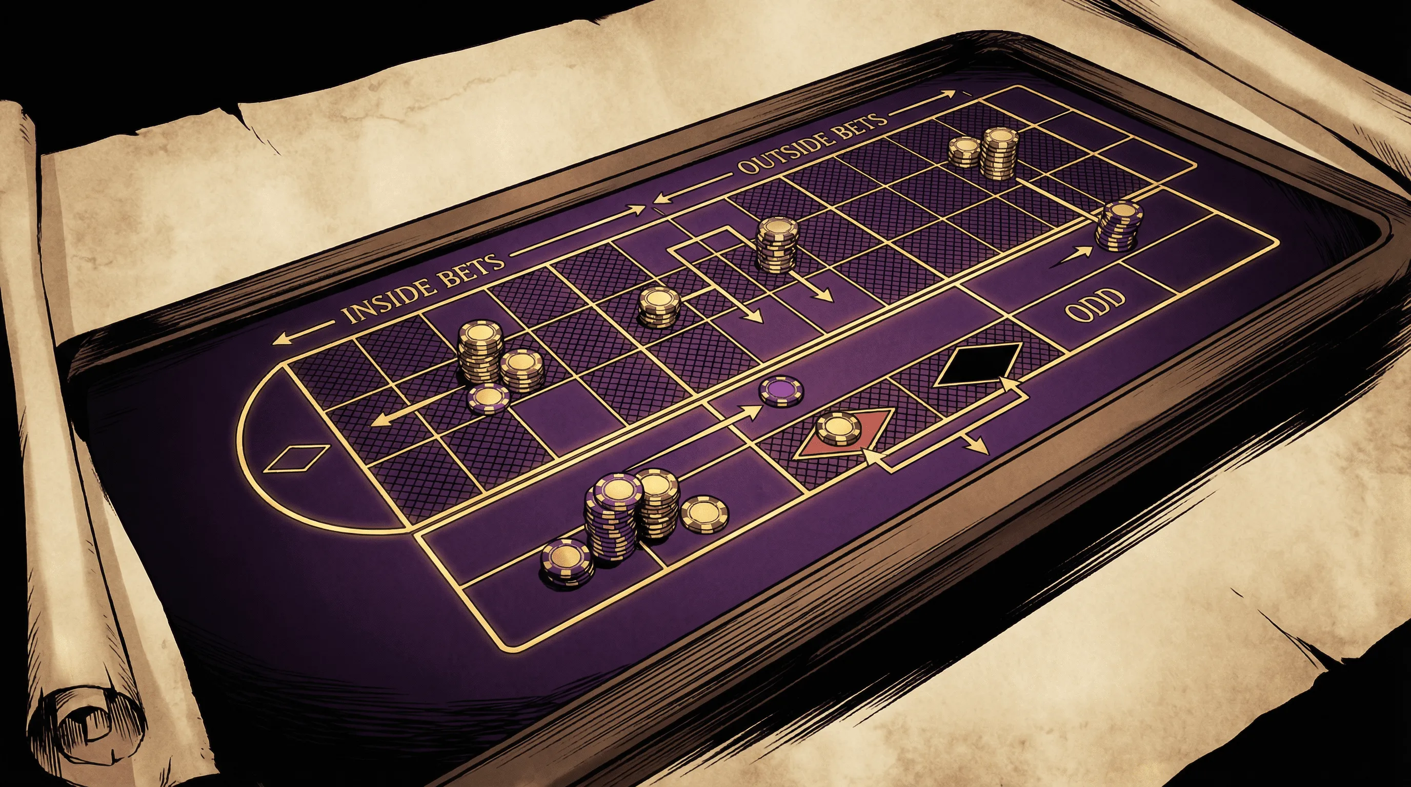 Layout da mesa de roleta mostrando apostas internas e externas